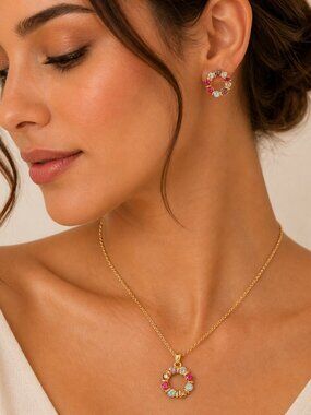 Chic Multicolor Floral Pendant Necklace and Earring Set